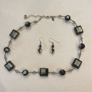 Italian Murano Silver and Black Glass Bead Statement Necklace and Earrings.